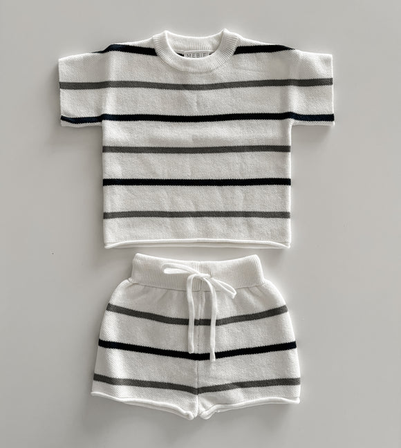 Mebie Baby Sage + Navy Knit Stripe Knit Short Set